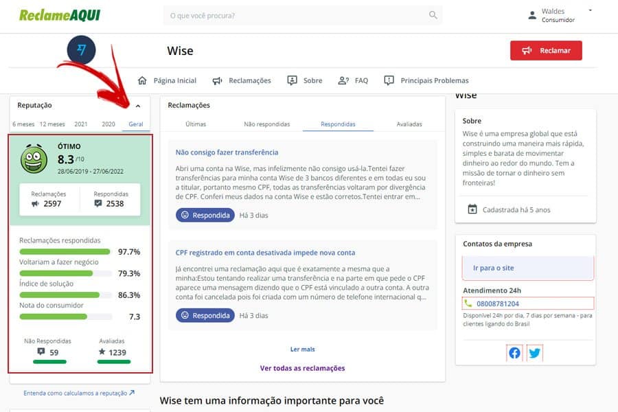 Página do Reclame Aqui da Wise