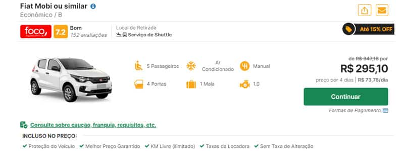 Preço do aluguel de carro