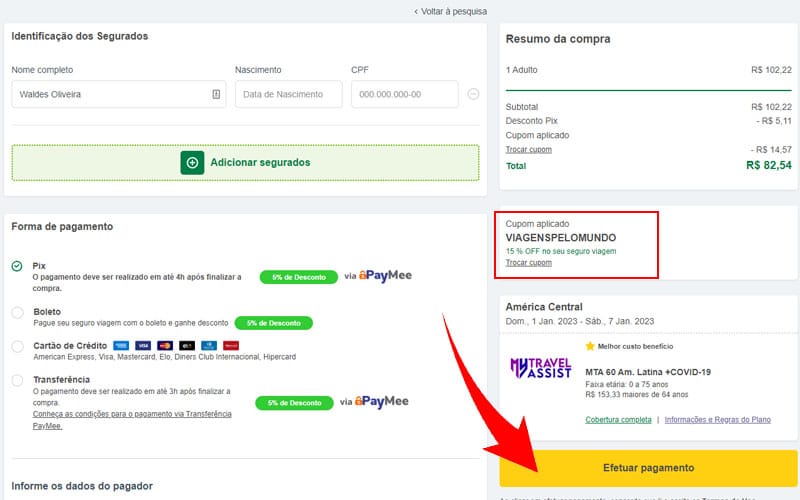 Página de pagamento da Seguros Promo