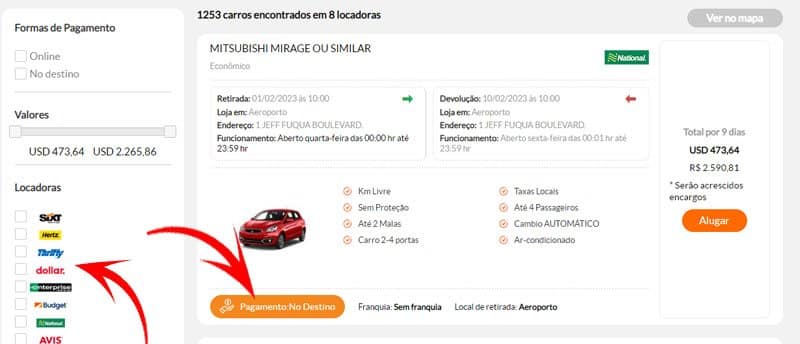 Página de pesquisa de carros na Moblity