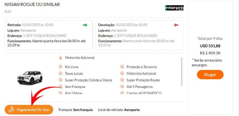 Página com o carro selecionado da Mobility
