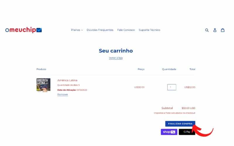 Página da O meu chip para finalizar a compra