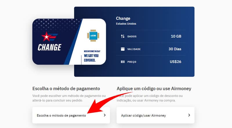 Escolha o método de pagamento na Airalo