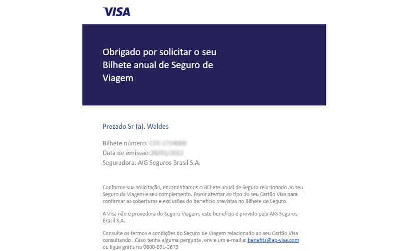 Apólice do seguro do cartão de crédito