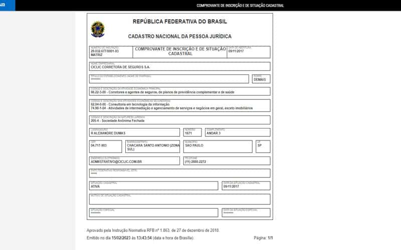 CNPJ da Ciclic no site da Receita Federal