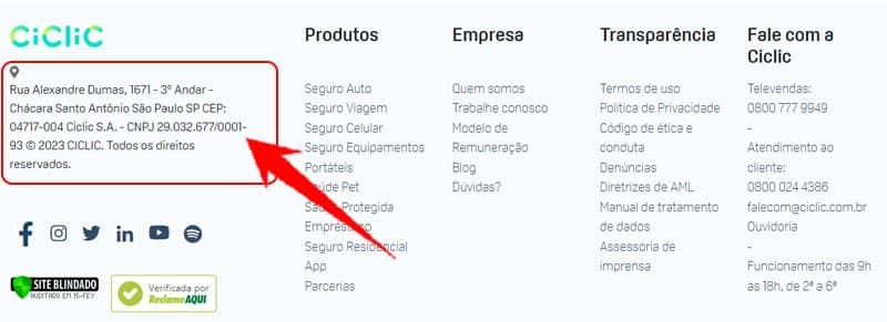 Dados cadastrais no site da Ciclic