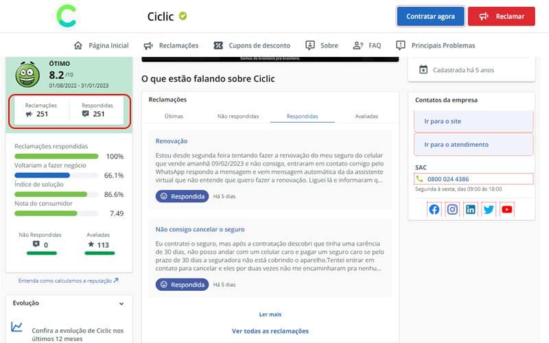 Avaliações da Ciclic Seguros no Reclame Aqui