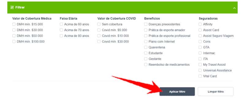 Filtros para selecionar o seguro