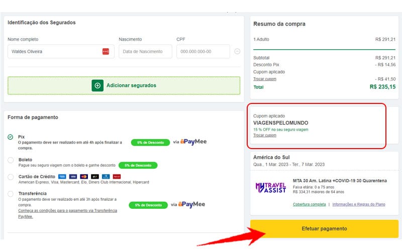 Escolher a forma de pagamento e colocar o cupom de desconto