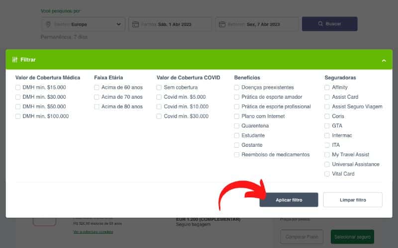 Filtros para selecionar o melhor seguro viagem para França