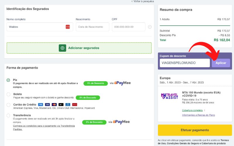 Página para preencher os dados do segurado e colocar cupom de desconto