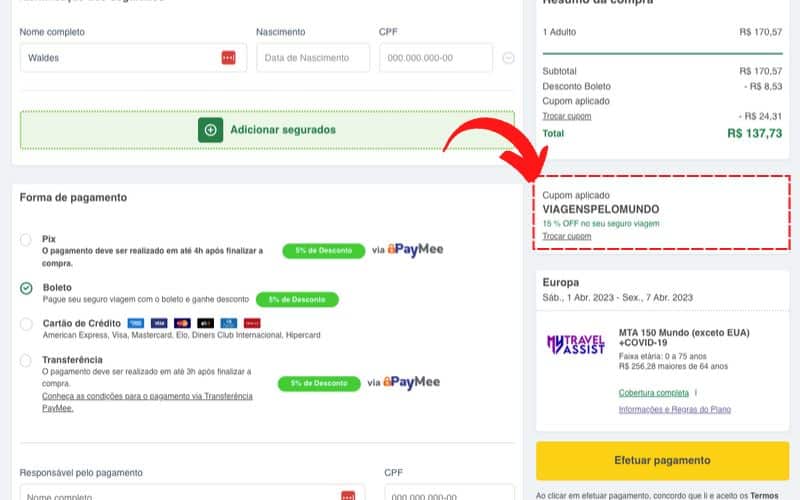 Espaço para preencher o cupom de desconto