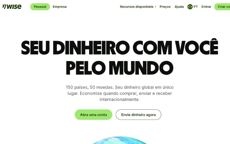 Página oficial do site Wise. Com a frase: Seu dinheiro com você pelo mundo.
