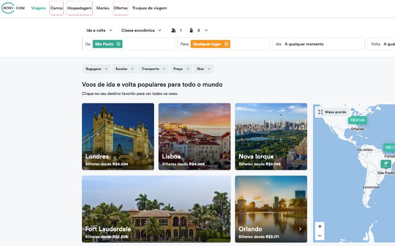 Kiwi, buscador e agência de viagem online