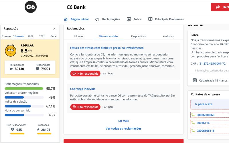 Avaliação do C6 Bank no Reclame Aqui
