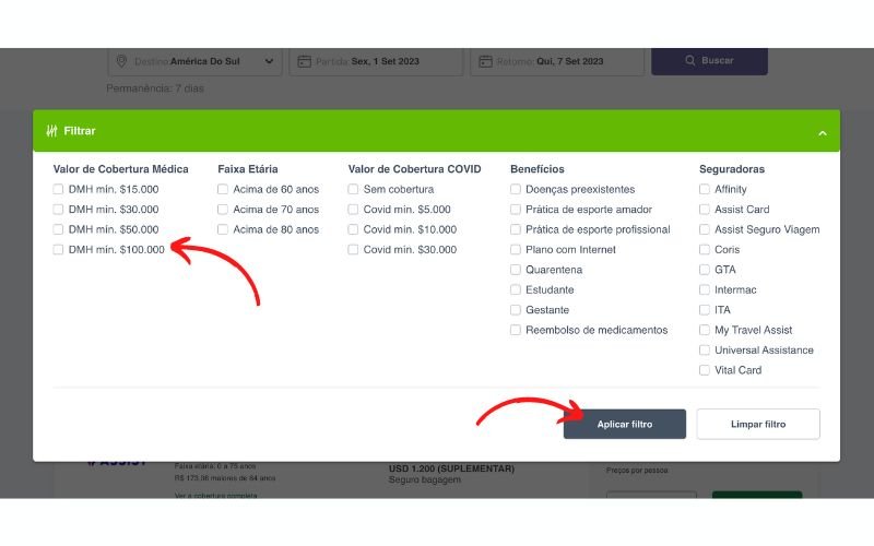 Filtro de pesquisa do Seguros Promo