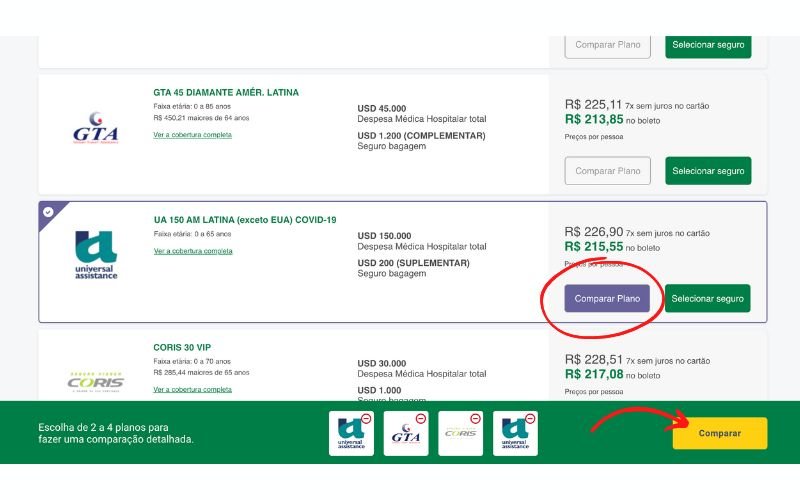 Página para comparar seguro viagem
