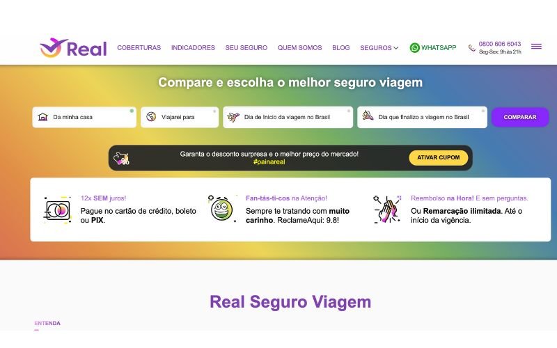 Página principal da Real Seguros 
