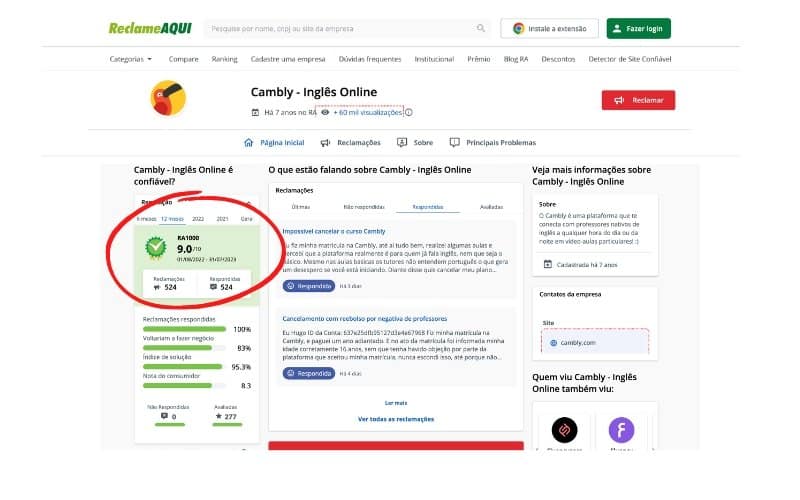 Avaliações do Cambly no Reclame Aqui