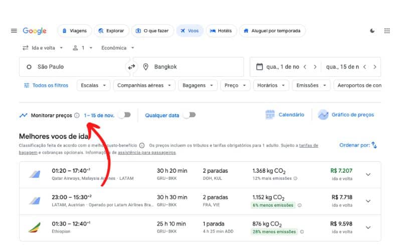 Página do Google Voos para ativar alertas de passagens
