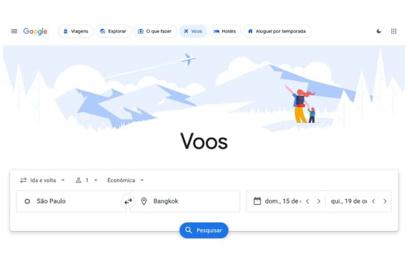 Página inicial do Google Voos 