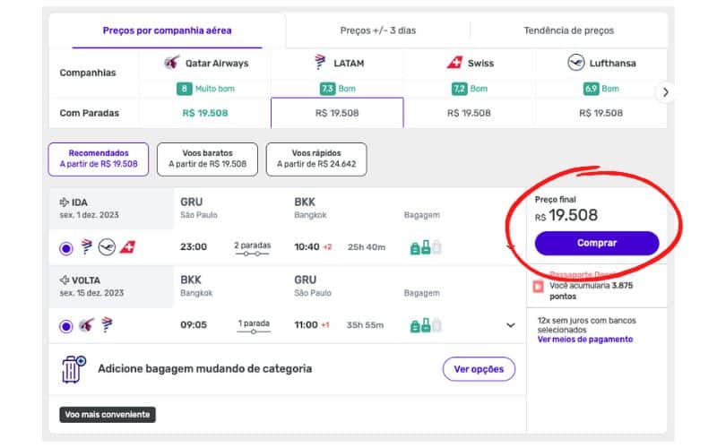 Preço do pacote de viagem para Tailândia na Decolar 