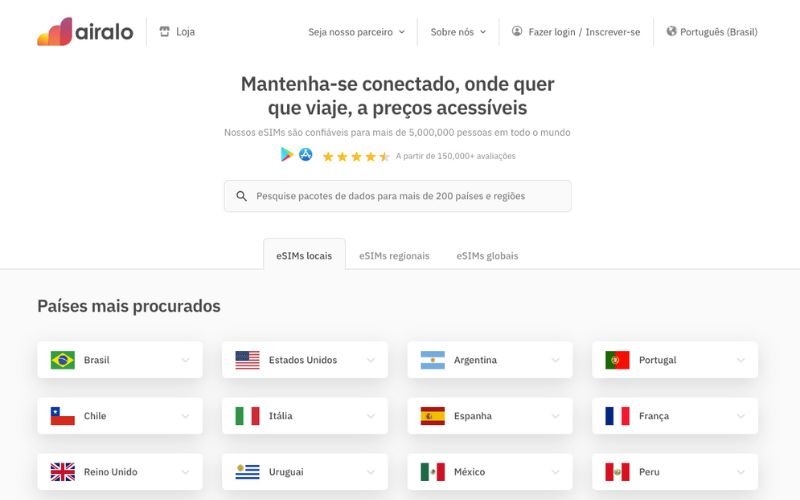 Página principal da Airalo, chips virtuais
