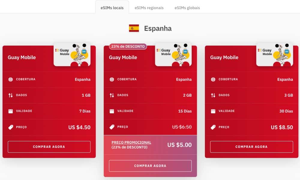 Planos disponíveis para Espanha na Airalo