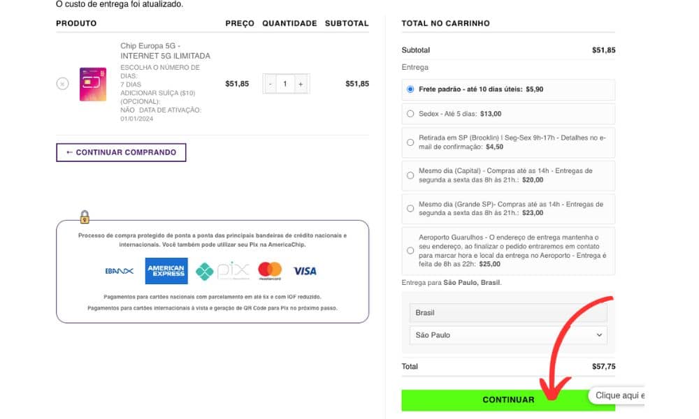 Escolhendo o tipo de entrega do chip da America Chip