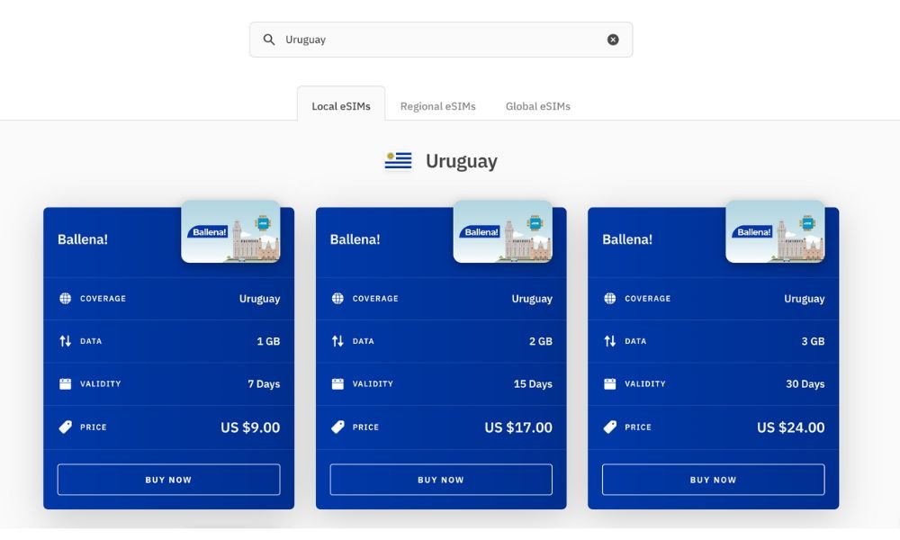Planos disponíveis para o Uruguai da Airalo