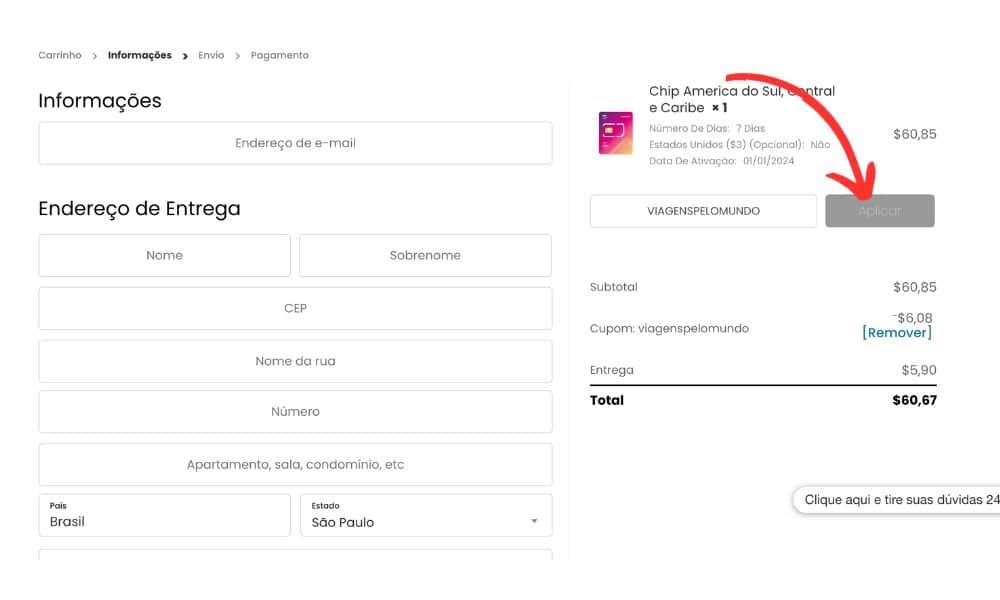 Escolhendo a forma de pagamento e coloque o cupom de desconto