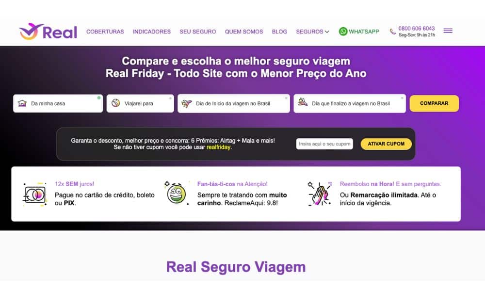 Página principal da Real Seguros, principal concorrente do mercado