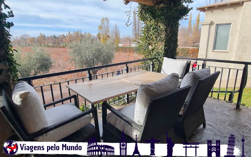 Mesa com vista para os vinhedos e cordilheira dos andes