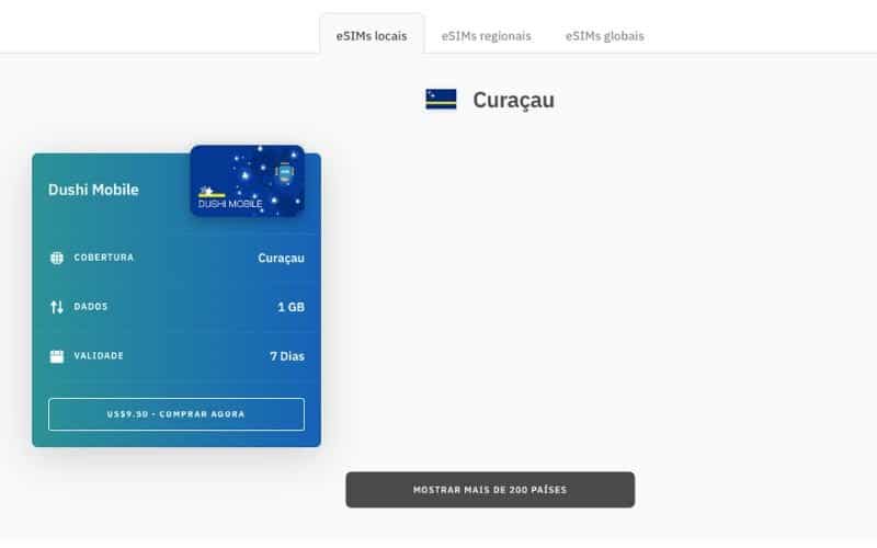 Página do eSim da Airalo para Curaçao