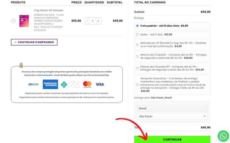 Escolhendo a opção de frete para comprar seu chip para Curaçao