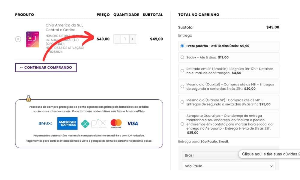Escolha a quantidade de chip para usar em Aruba