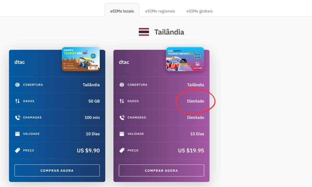 eSim da Airalo disponíveis para Tailândia