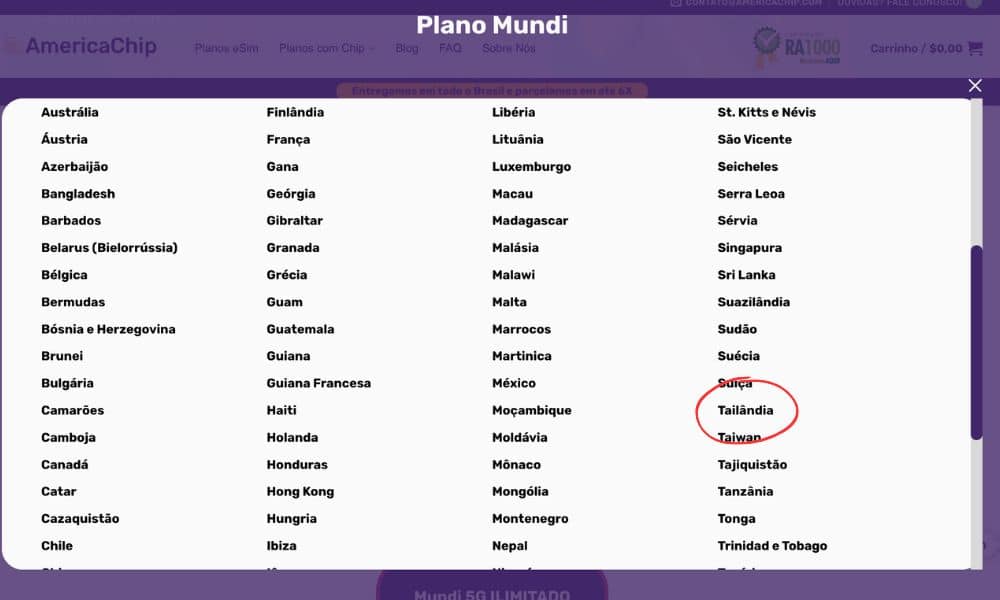 Lista de países que funcionam o chip mundi da America Chip