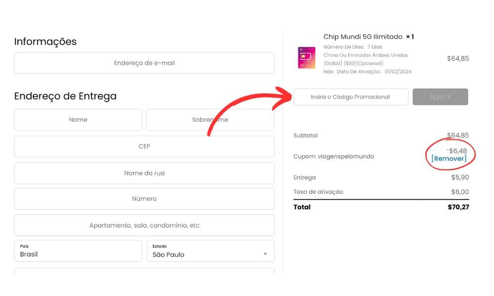 Coloque o cupom de desconto para validar a compra