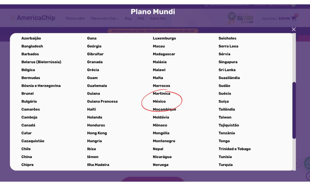 Lista de países que o chip da America Chip é compatível na região