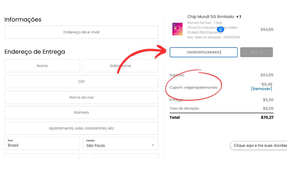 Coloque o cupom de desconto para validar o desconto