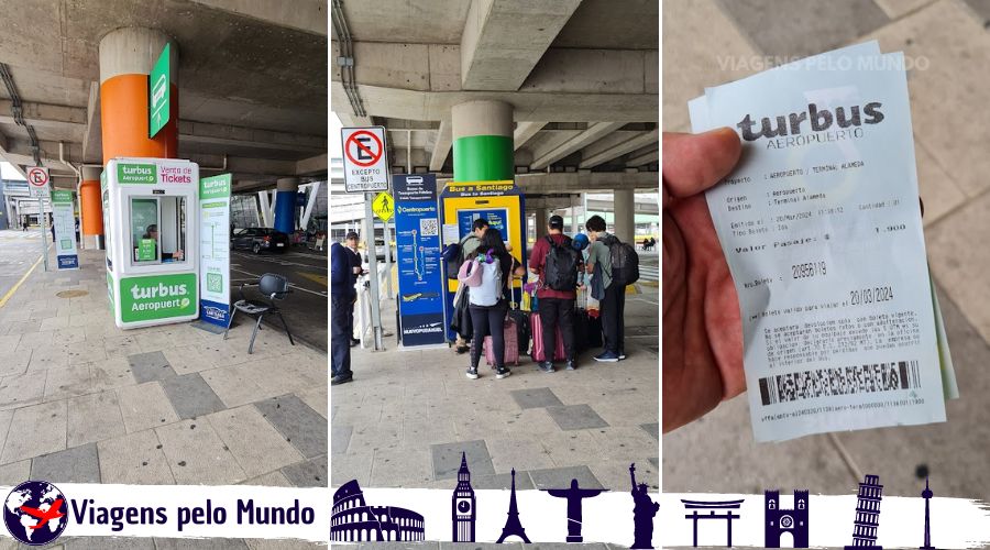 Guichês da Turbus e do Centropuerto na saída do desembarque do Aeroporto de Santiago
