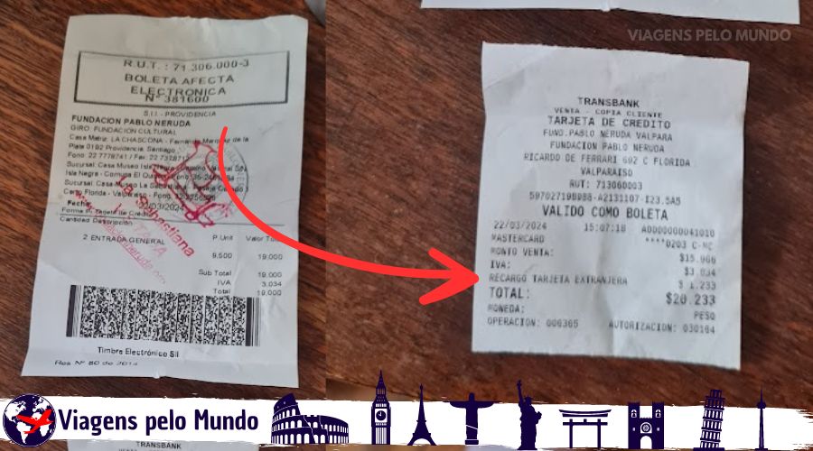Nota fiscal chilena informando a cobrança de tarifa adicional para cartões internacionais