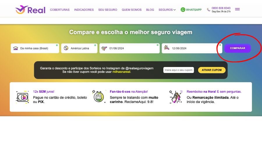 Página inicial da Real Seguro Viagem para começar a cotação