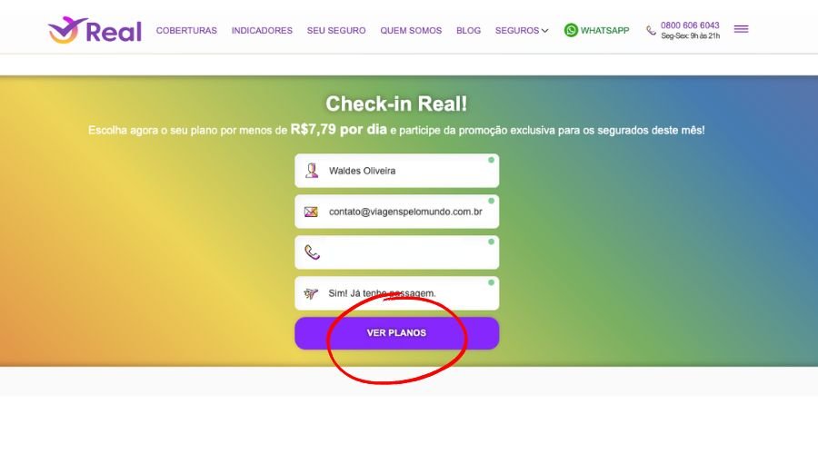 Página para preencher os dados para cotar o seguro viagem
