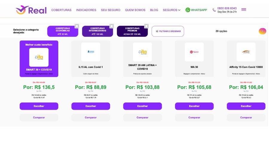Página para comparar o seguro viagem com diversas seguradoras