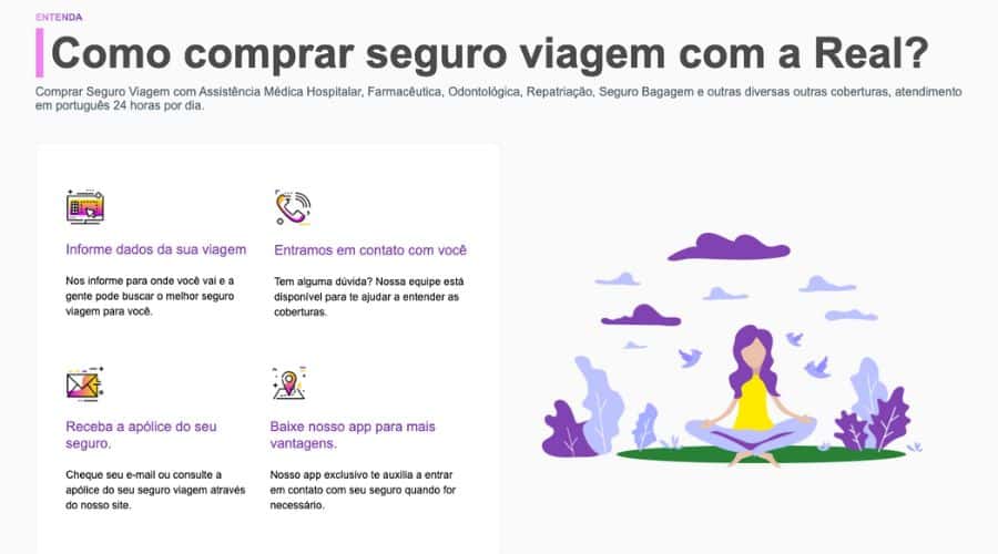 Veja como funciona a Real Seguro Viagem. Página explicando o passo a passo da compra no site