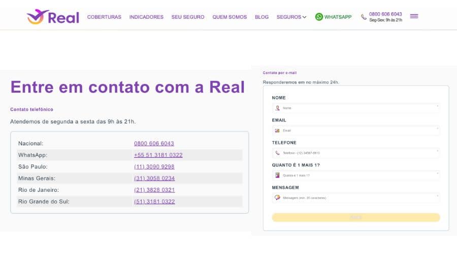Página de contato com a Real Seguro Viagem. Página com os telefones e formulário de e-mail