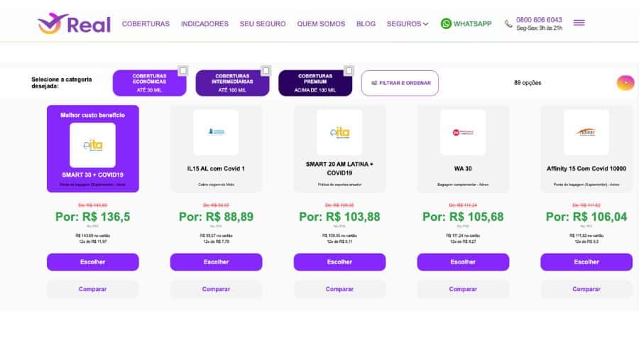 Página da Real Seguro Viagem com as opções de seguradora do mercado