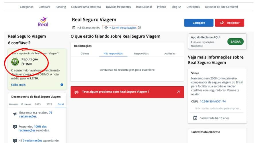 Avaliação das reclamações da Real Seguro Viagem no Reclame Aqui
